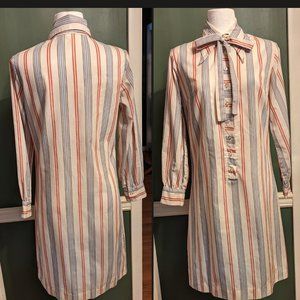 Hand made Tan/Red/Blue/Orange Button Down Striped T-shirt Vintage Style Dress